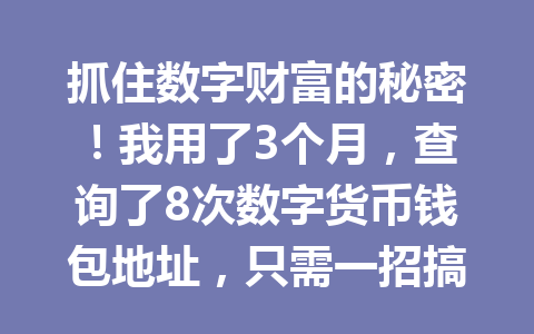 抓住数字财富的秘密！我用了3个月，查询了8次数字货币钱包地址，只需一招搞定数据安全问题！2026年
